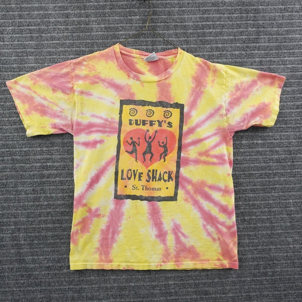 Vintage 90s All Sport Duffy's Love Shack T-Shirt Mens L Pink Tie Dye Graphic